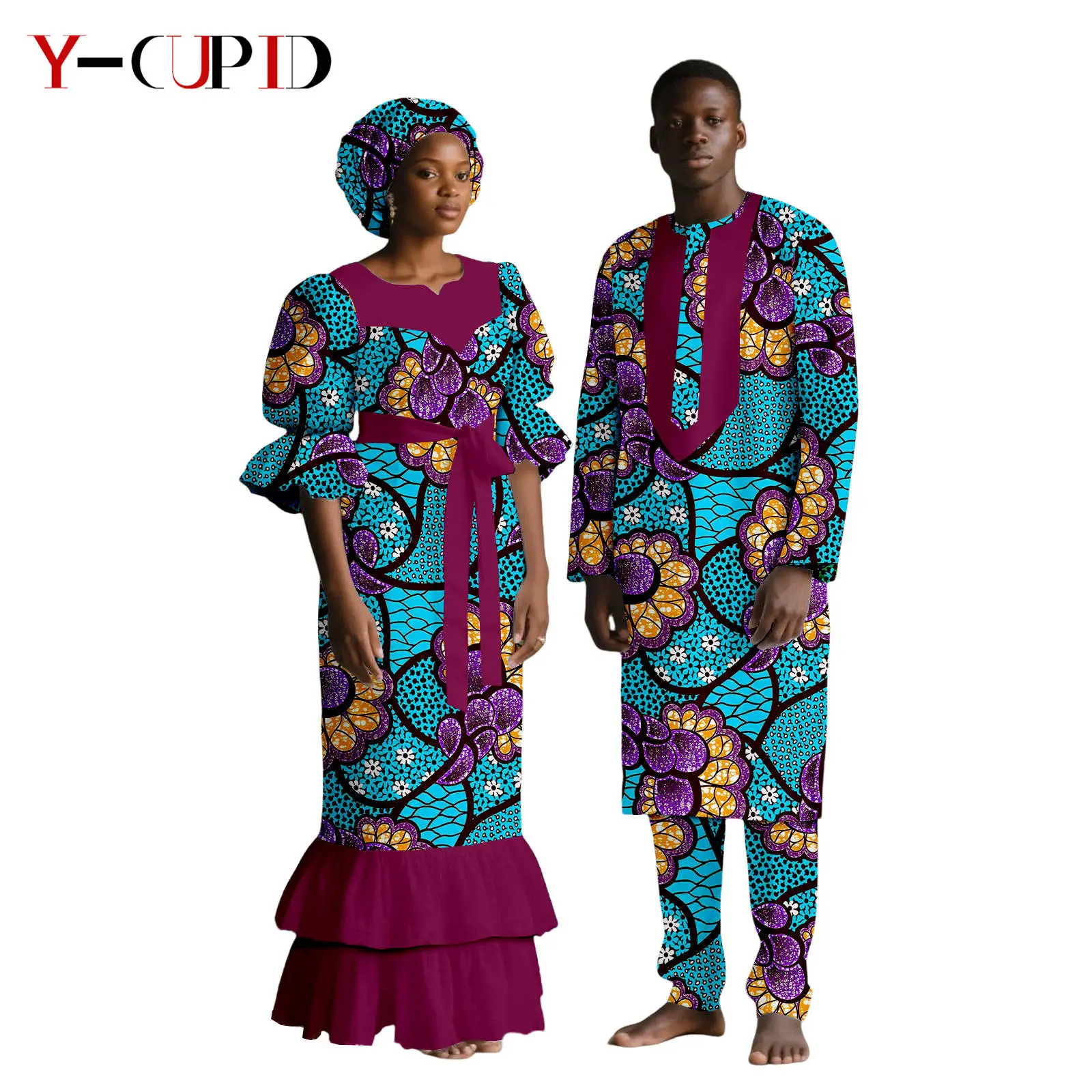 فساتين مطبوعة أفريقية مع غطاء للرأس للنساء أطقم ملابس علوية وسراويل متطابقة للرجال ملابس بازان الثراء الأفريقية للزوجين 25C079 #5