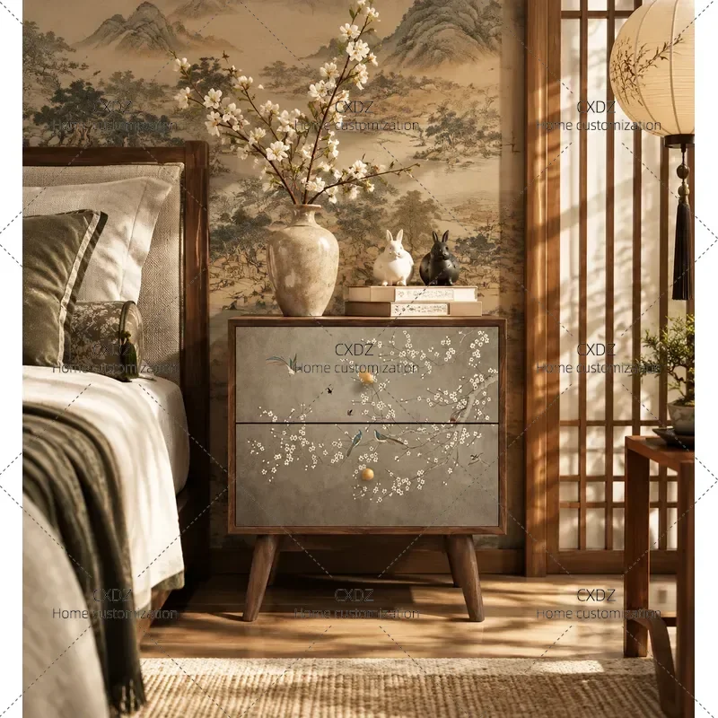 Chinese Style Retro Solid Wood Bedside Table Household Storage Cabinet Sofa Side Table Floor Standing Nightstand for Bedroom