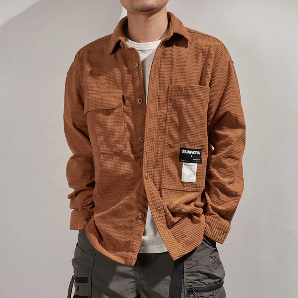 Japonês retro na moda trabalho camisa masculina nova waffle pesado grosso substantivo camisa solta casaco casual