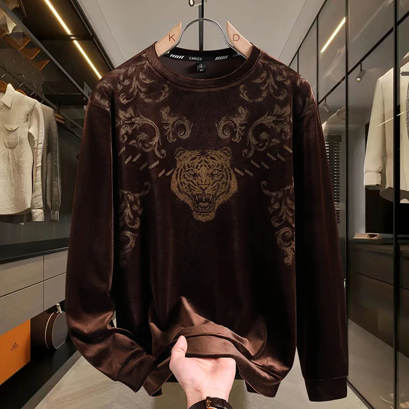 Luxurious Golden Velvet Long Cleeved T-shirts for Men Retro Print Loose Casual Round Neck Bottoming Shirt Social Street Tops