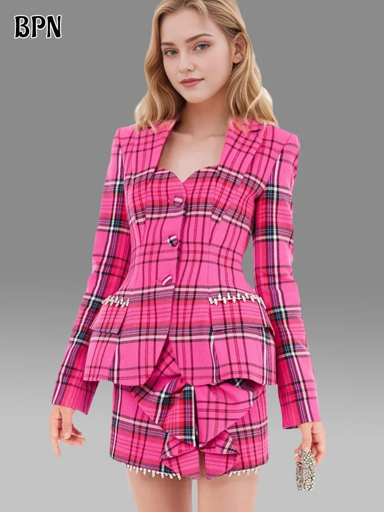 BPN coreano Plaid Hit Blazer di colore per le donne colletto quadrato manica lunga che dimagrisce diamanti impiombati Blazer di moda abbigliamento