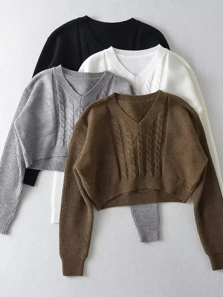 2022 Vintage V neck Knitted Twist Striped Cropped Pullovers Preppy Full Sleeve Navel Exposure Sweater High Waist Jumper