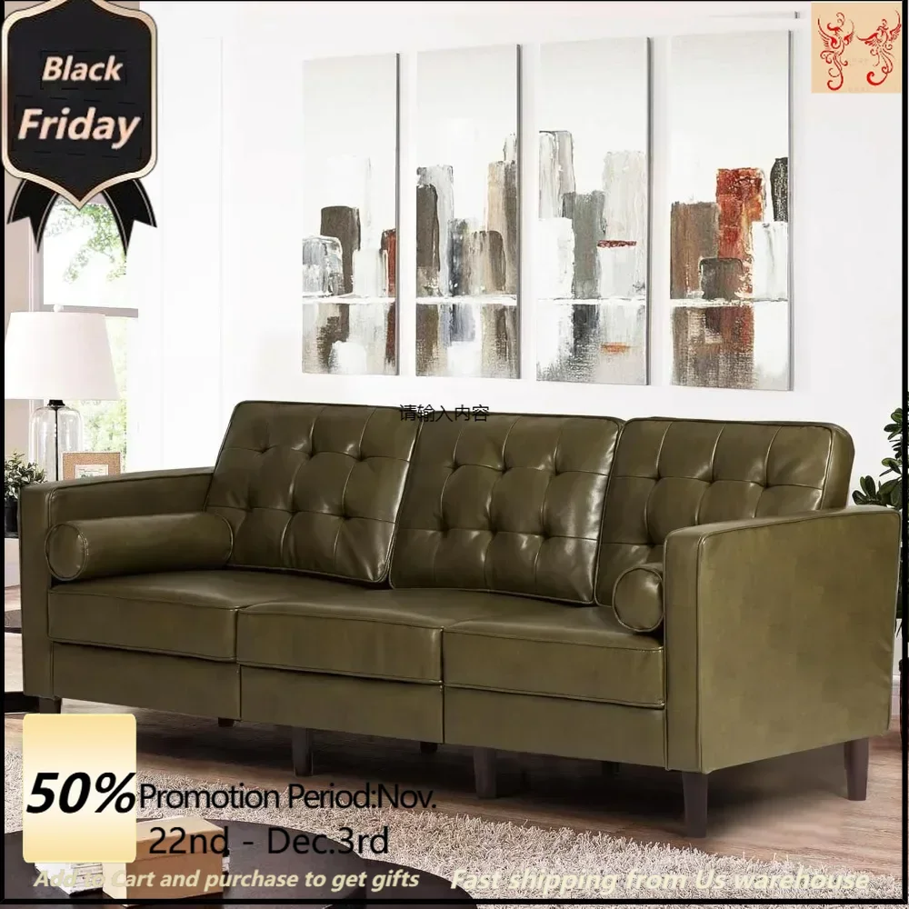 

84" Premium Faux Leather 3 Person Sofa with Two Cushion Pillows and Tufted Back, Mid-Century Modern Sofa, Living Room, Bedroom