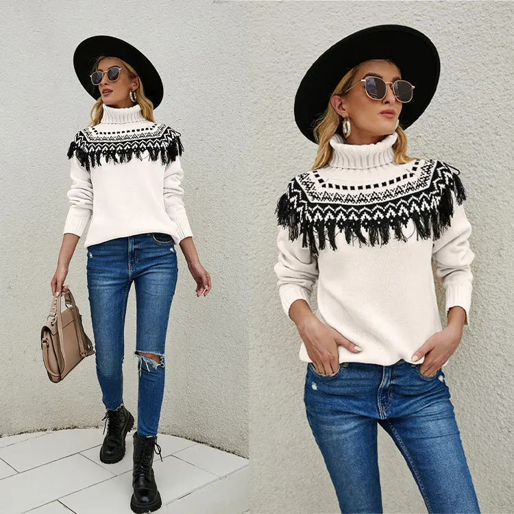 Autumn and winter Europe and the United States retro tassel high neck knit sweater women's pullover large size sweater women