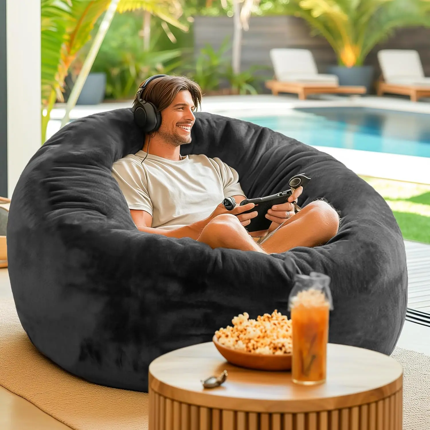 Large 4ft Bean Bag Chair with Washable Cover, Soft Mink Fabric, Charcoal Grey - Comfortable for Adults and Kids