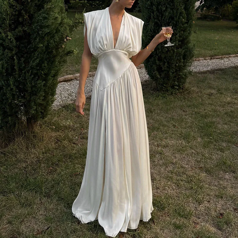 Elegancka sukienka z wysokim stanem, rozcięciem, satynowa, na koktajl, seksowna, z głębokim dekoltem w serek, bez rękawów, plisowana, wieczorowa, vestidos.