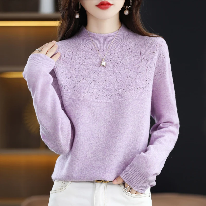 100% pure wool new first-line ready-to-wear seamless hollowed-out semi-high collar solid color long-sleeved sweater female