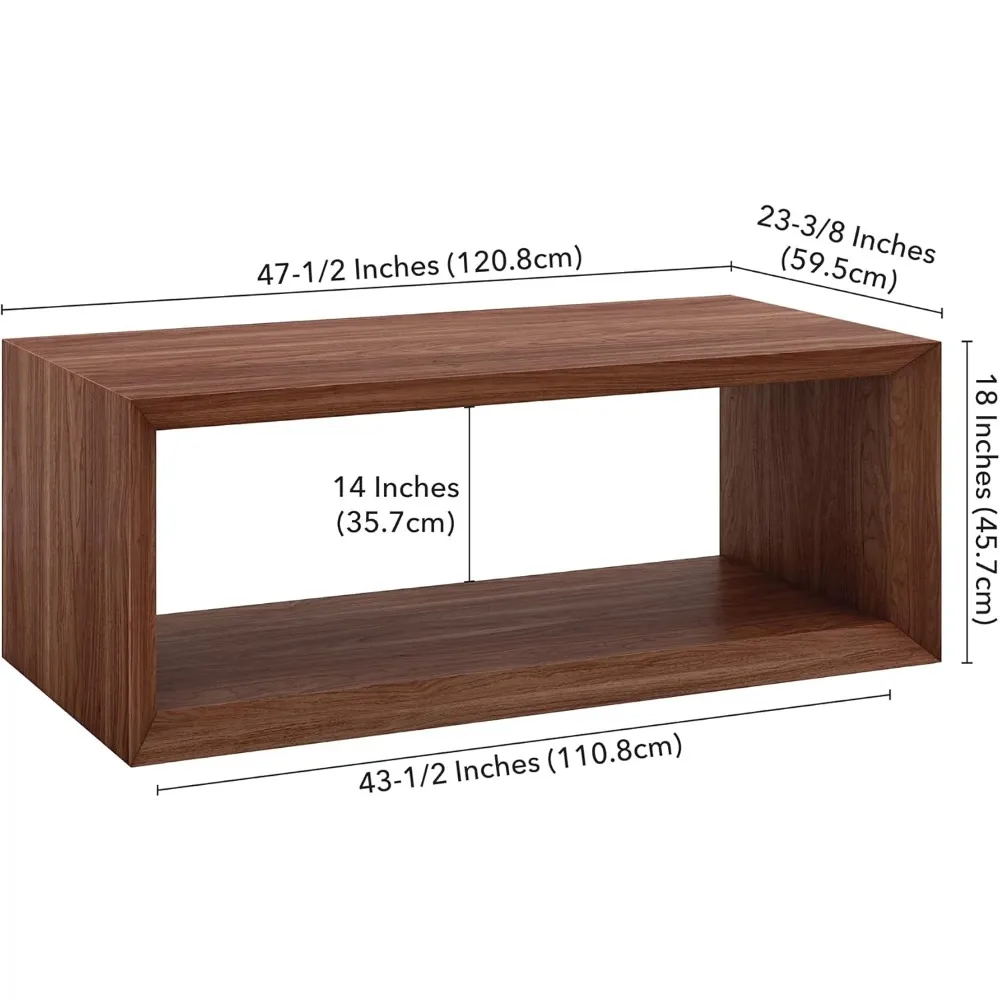 Sleek Walnut 48 Rectangular Coffee Table with Storage Shelf for Living Spaces and Offices