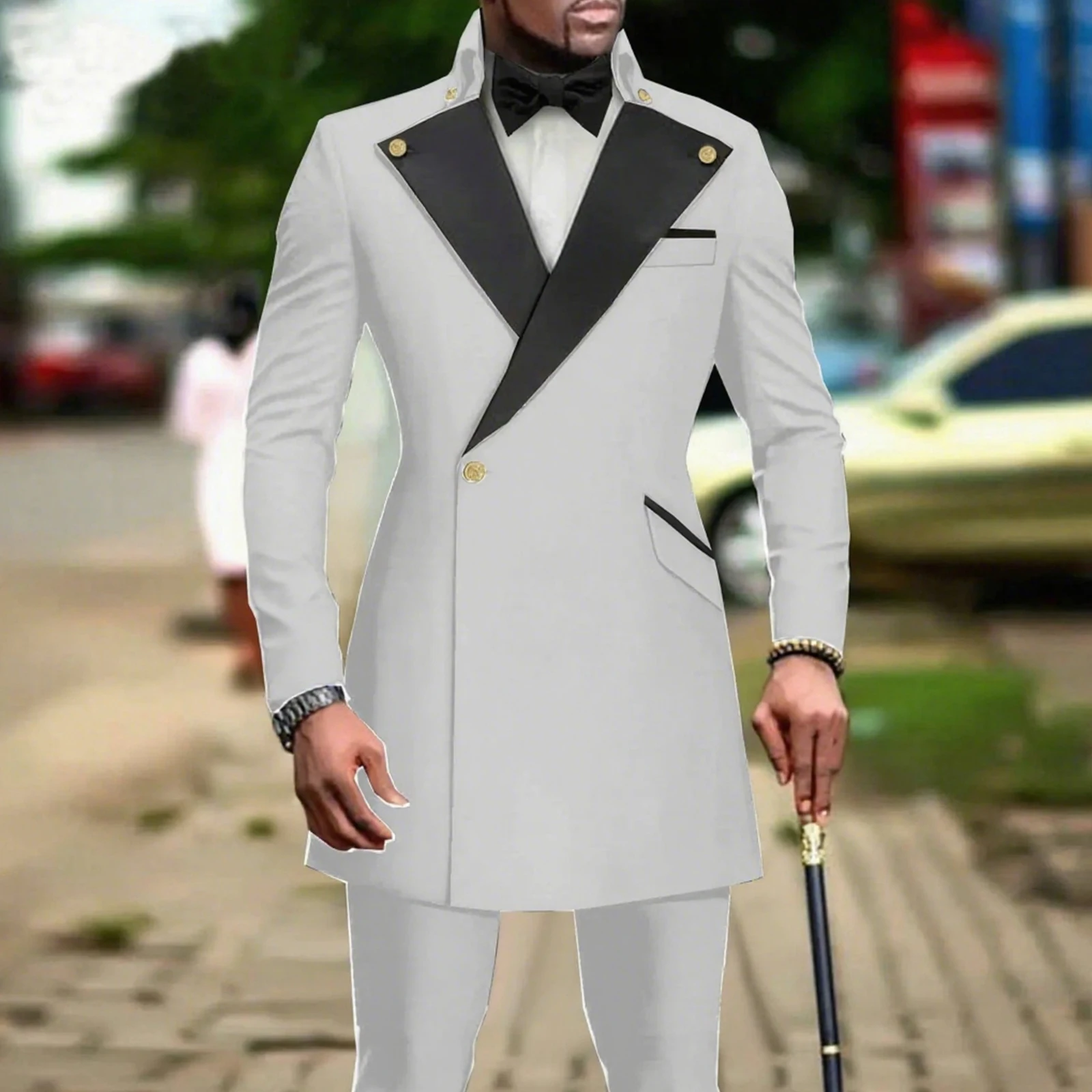 Fashion Double Breasted Long Blazer Men Suit 2 Piece Groomsmen Peak Lapel Outfits Formal Party Prom Wedding Set Suits For Men 