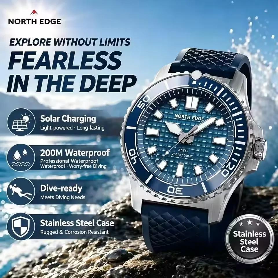 Solar Powered Watch - NORTH EDGE Nieuw Ontwerp ABYSS Solar