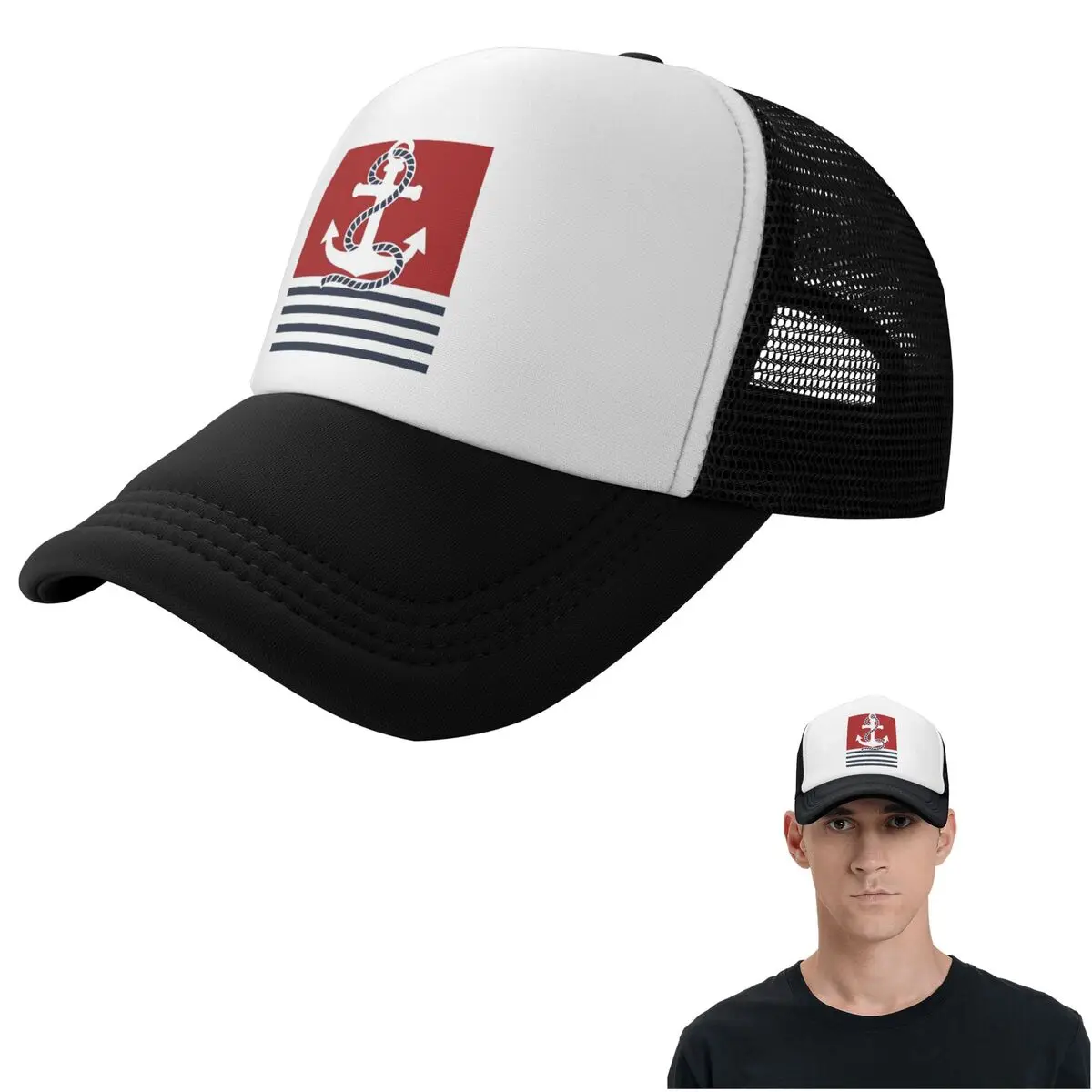 Nautical Navy Blue Stripes And Boat Anchor  Cap Casual Mesh Baseball Caps Adjustable Hat Hip Hop Summer Unisex Baseball Hats