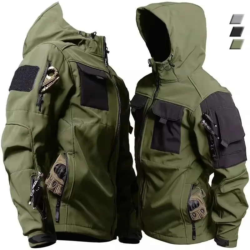 New Tactical Camping Jackets Men Soft Shell Waterproof Windproof Hooded Jacket Outdoor Functional Uniforms Multi-pockets