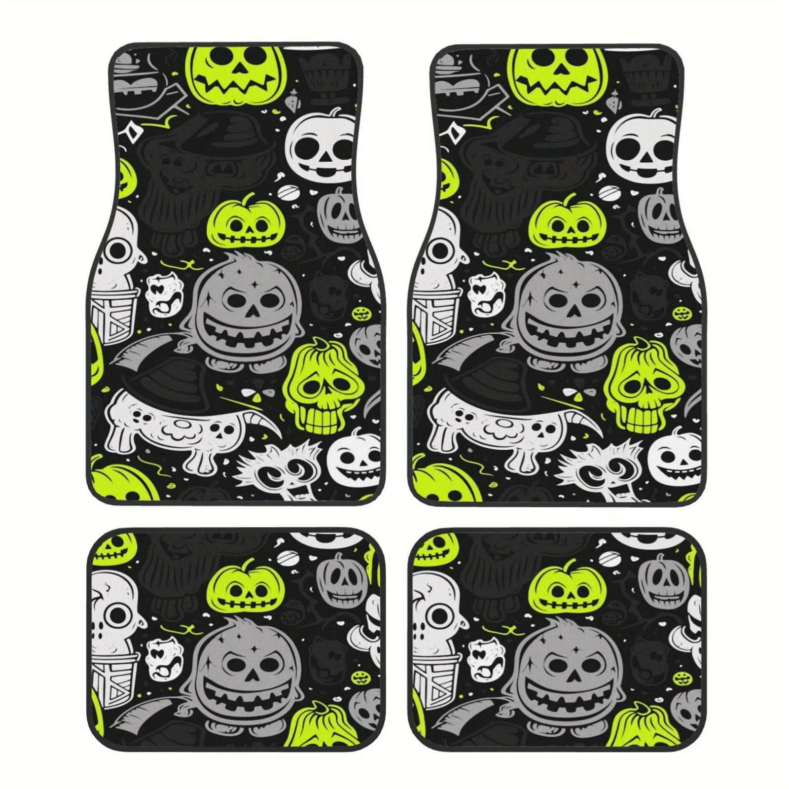 Set of 4 Green And Black Halloween-Themed Car Floor Mats - Complete Coverage for Front And Rear, Ideal for Sedans