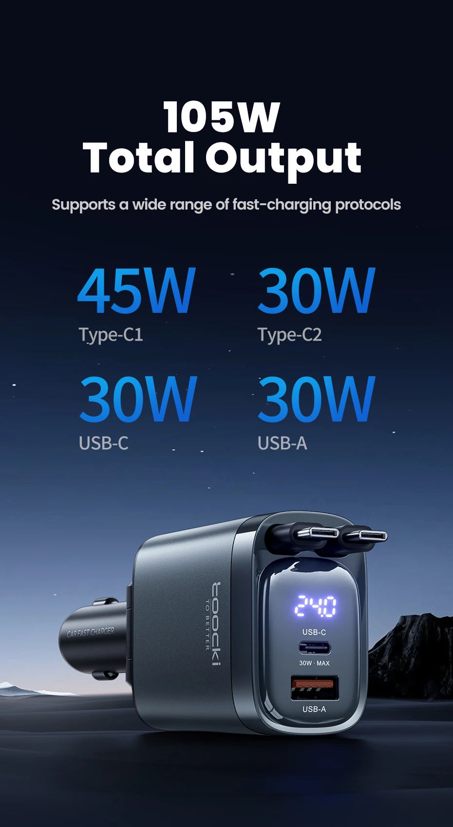 Toocki 4 IN 1 einziehbares Autoladegerät 105 W Handy-Ladegerät Typ C-Kabel für iPhone 16 15 Schnellladekabel Zigarettenadapter – Detail 3