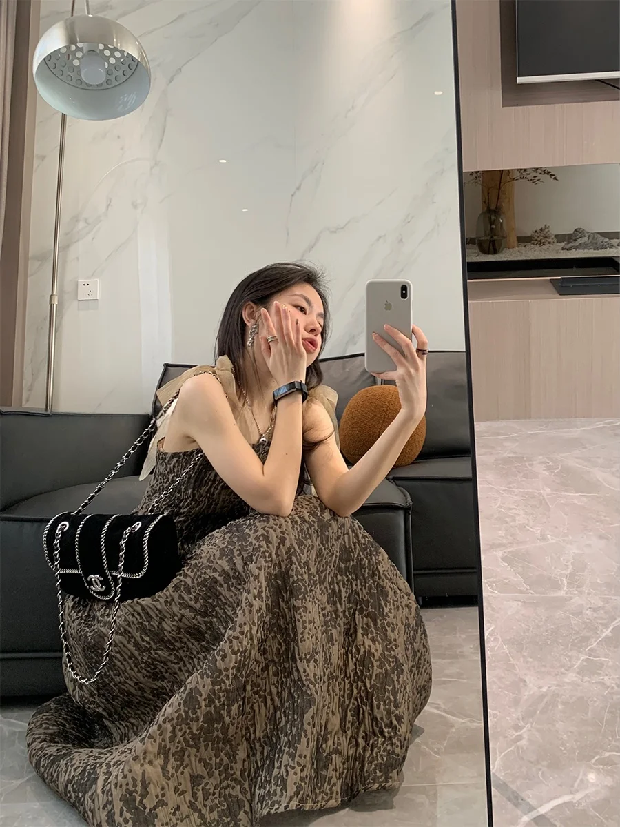 

Bling Princ Latte Sa Print Puffy Dr 2023 Strap High Waist A-Line Long Skirt Sweet Sle Summer Faion Women's Dr