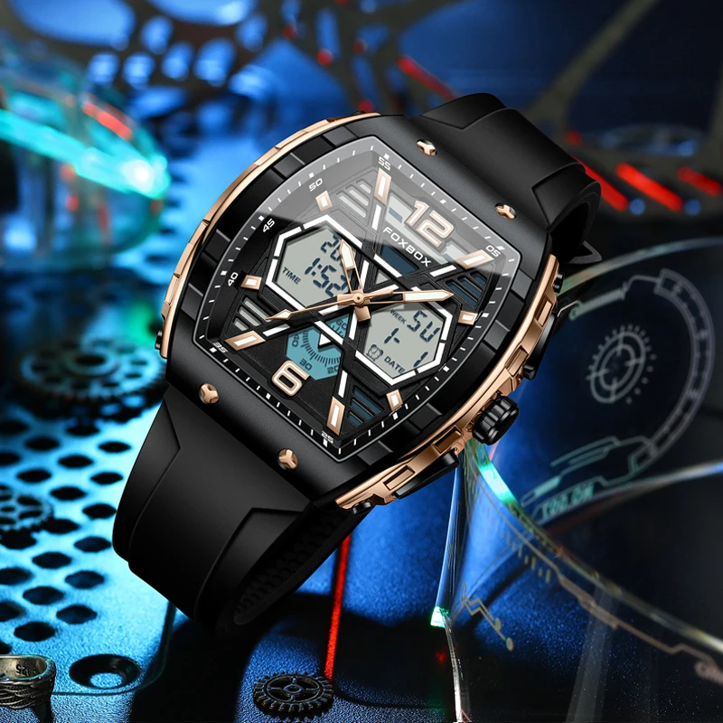 Relogio Masculino FOXBOX Men Watch Luxury Waterproof Quartz Dual Display Wristwatch Luminous Sports Silicone Clock Man Watches