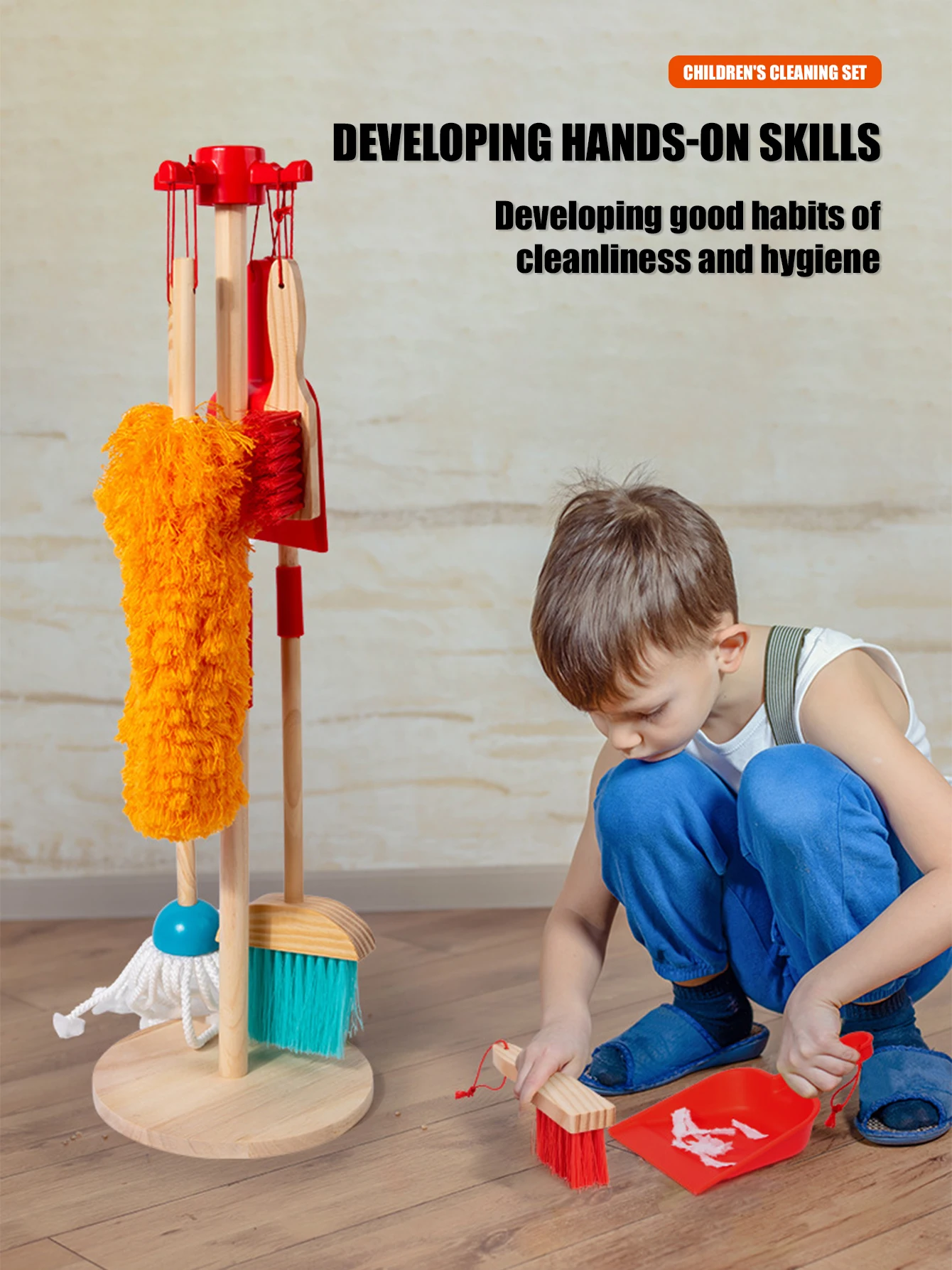 

Wooden Cleaning Toy Set Montessori Broom Mop Set Kids Simulated Cleaning Tool Exercise Self-care Ability Sets For Gift