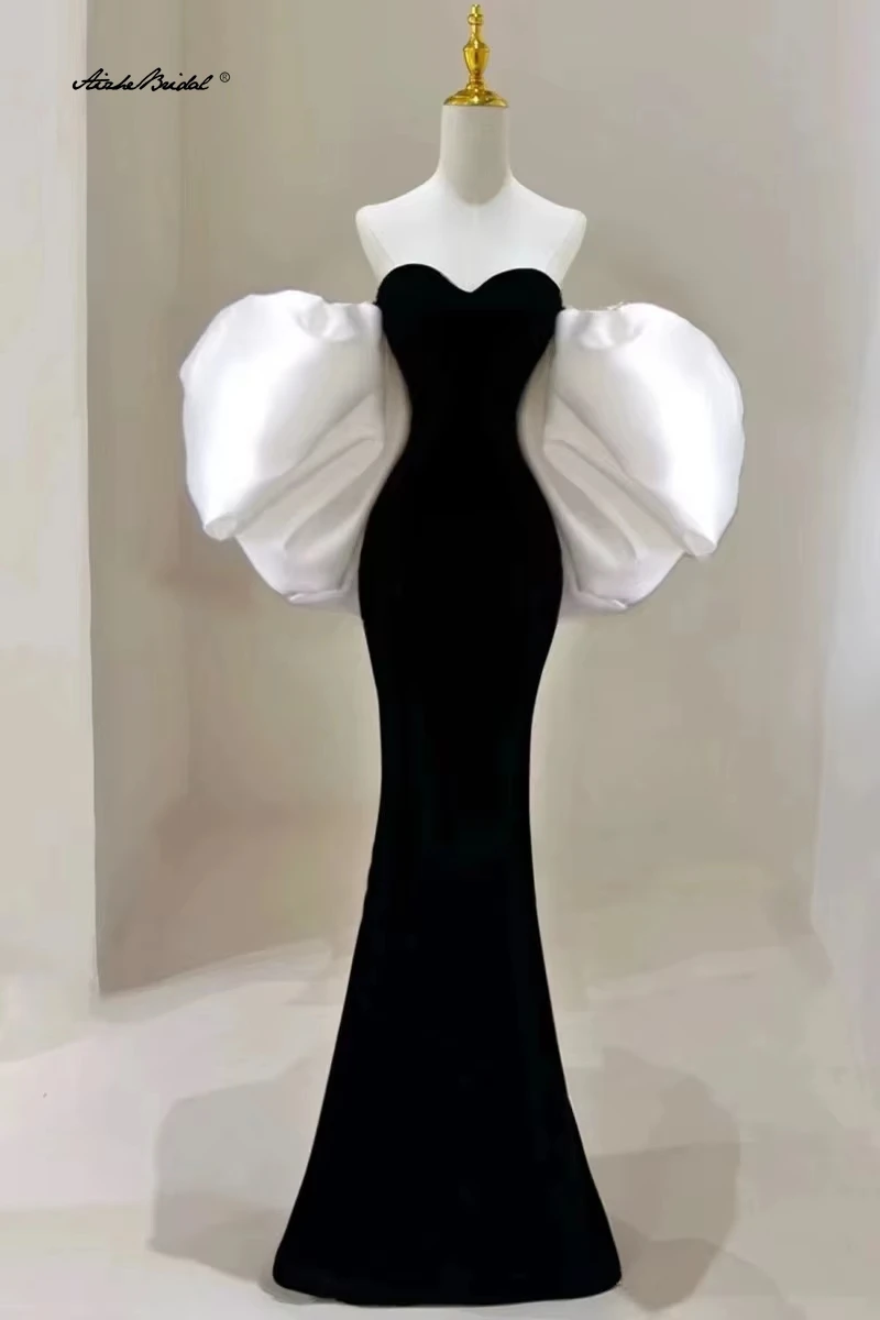 

Real Photo Black Sweetheart With White Shawl Cape Fishtail Mermaid Floor Length Woman Velvet Formal Evening Gowns