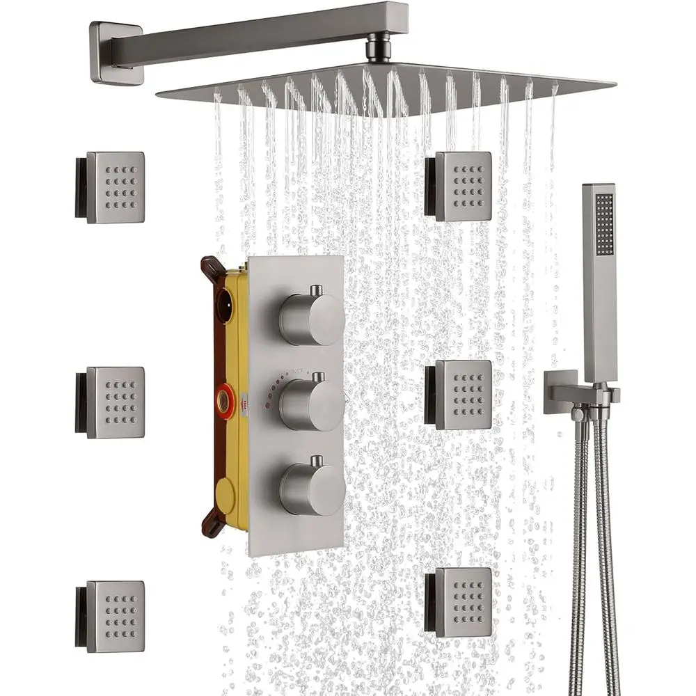 

Luxury 12 Wall-Mounted Rainfall Shower System with 6 Body Jets, Handheld Spray, and 3-Way Thermostatic Valve in Brushed Nickel