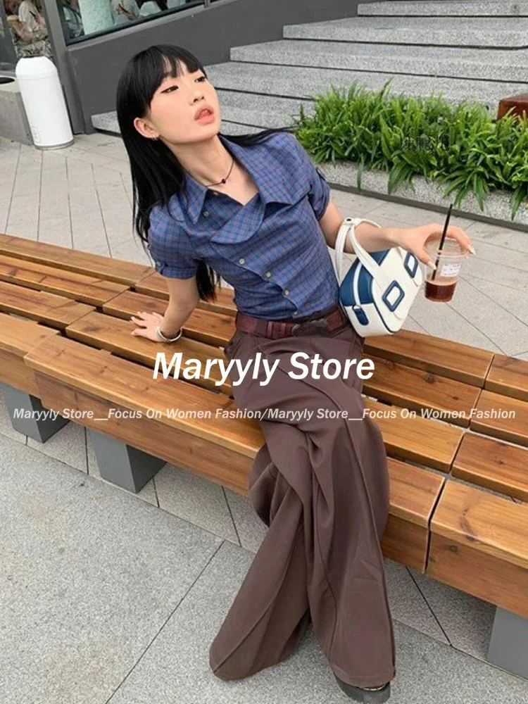 Y2k Aesthetic Vintage Plaid Harajuku Shirts Summer Single Breasted Women Casual Blouses Japanese Slim Streetwear Blusas De Mujer