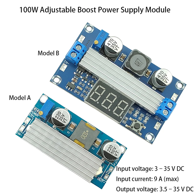 

High-Power Adjustable DC-DC Boost Module, DC 3- 35V to 3.5-35V 100w, Boost Power Supply Module with Digital Voltage Display