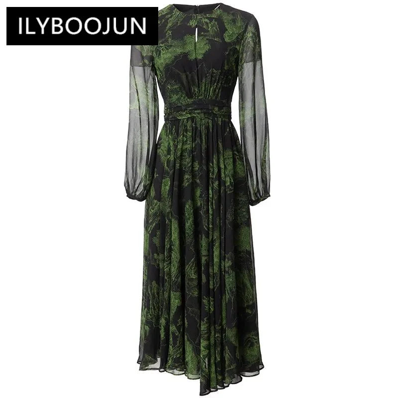 

ILYBOOJUN Fashion Women's New Round Neck Vintage See-Through Lantern Long-Sleeved Pleated Scenery Printed Shaggy MIDI Dress