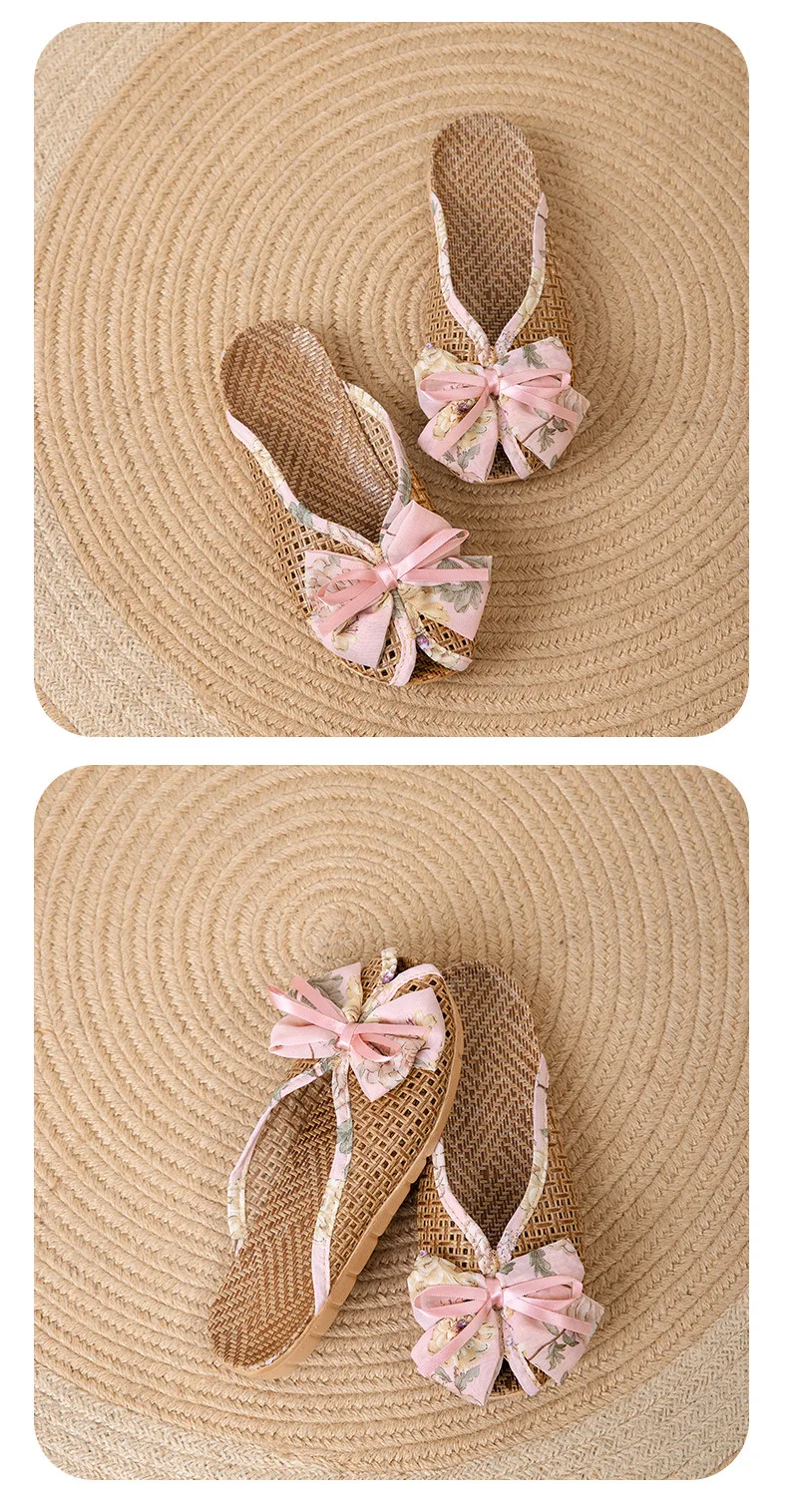 Rattan-Hausschuhe mit Fliege – niedliche Hausschuhe im koreanischen Stil, rutschfeste, atmungsaktive Innensandalen mit weicher Sohle für den Sommer – Detail 17
