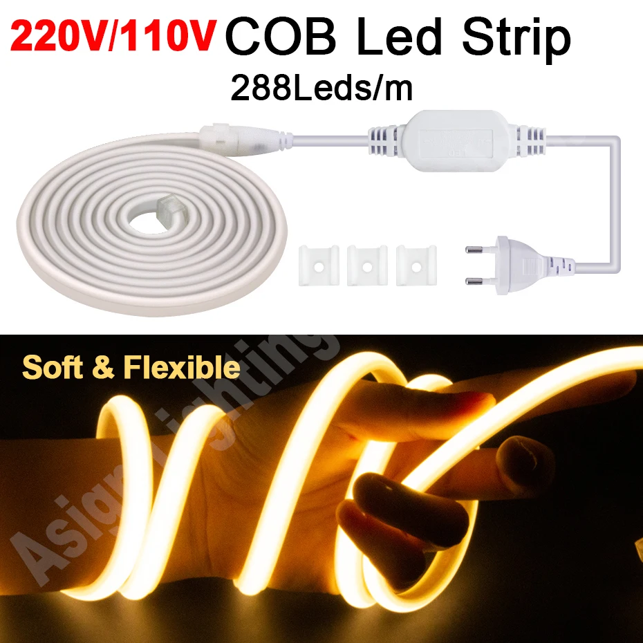 Flexible Tape 220V 110V LED COB Strip Lights 288leds/m Warm White/Neutral White/Cold White IP65 Waterproof with EU/US Plug