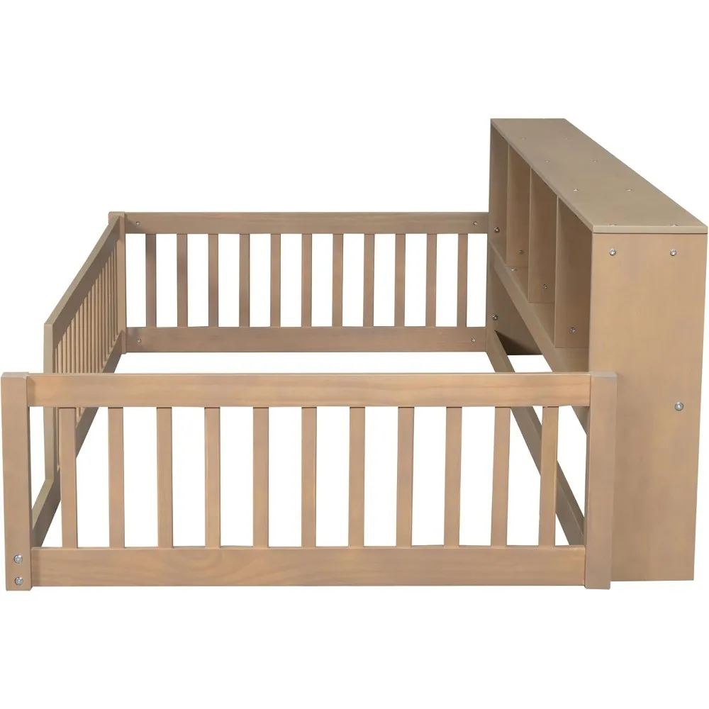 سرير مزدوج مقاس XL مع خزانة كتب بجانب السرير، وأرفف، ودرابزين، وسرير مونتيسوري من الخشب مع مساحة تخزين