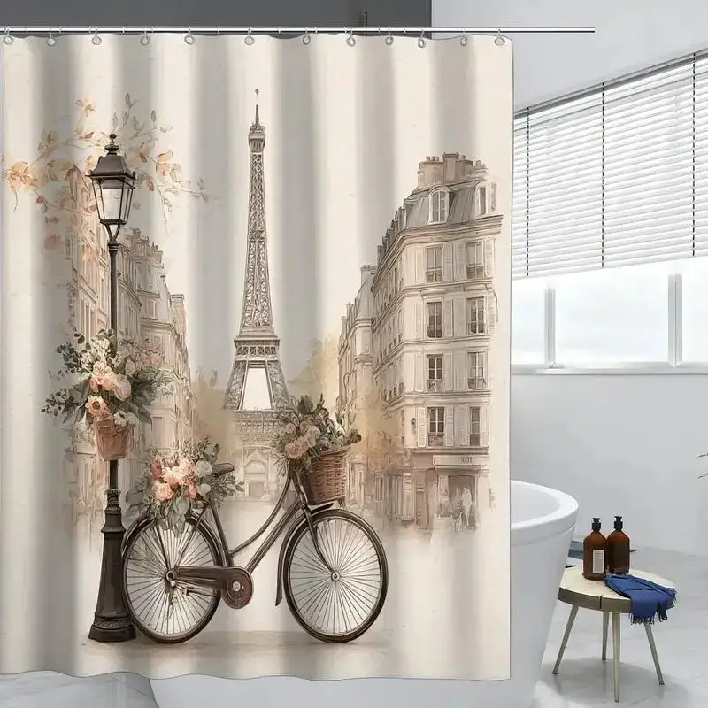 Waterproof Shower Curtain Paris Eiffel Tower Art Poster Bathroom Decor Vintage European Style Polyester Home Accent