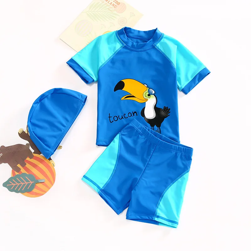 

Boys Swimsuit Small Children Split Cute Cartoon Toucan Swimsuit Hooded Beach Vacation Baby Kids Swimming