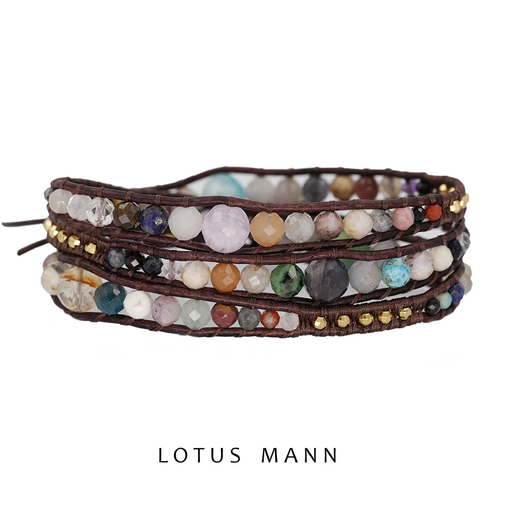 

Limited to 12 constellations earth tone. Natural stone 3 rings semi-precious leather rope wish bracelet for men women lotus mann