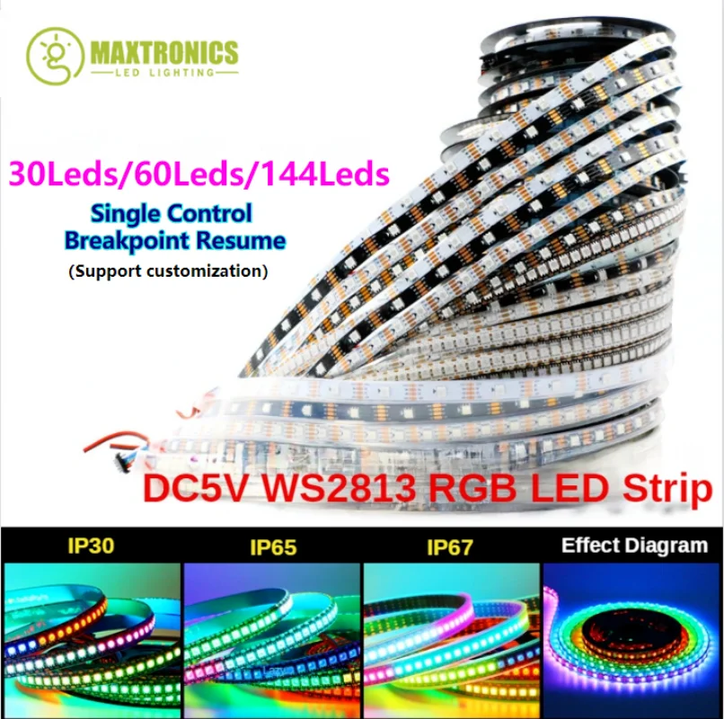 

DC5V WS2813 LED Strip RGB Full Color Ingle Control Breakpoint Resume Individually Addressable 30/60/144Pixels/Leds/M Tape Light