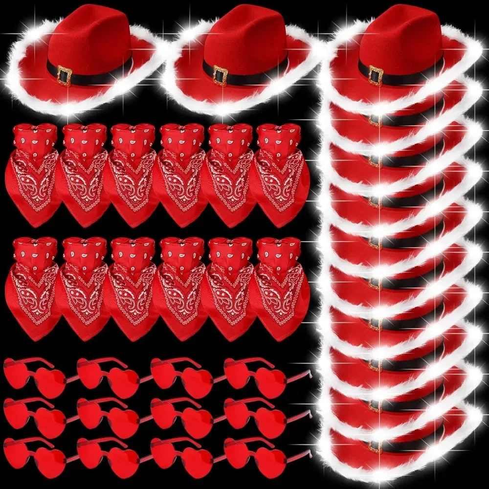 36 Pcs Light Up Santa Claus Cowboy Cowgirl Hats Set - Christmas LED Vintage Paisley Hats