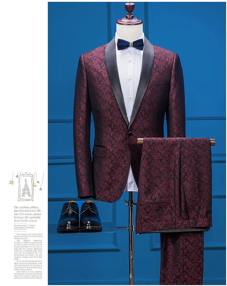 2024 Burgundy Jacquard Prom Suit Wedding Suits For Men Elegant Fashion Jacket Slim Fit Groom Blazer Sets 2 Piece Tuxedo Masulino