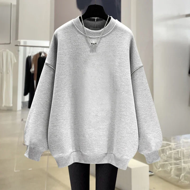 Women Clothing Basic O-neck Pure Cotton Sweatshirts Autumn Loose Casual Solid Poullovers Large Version Simple All-match Hoodies