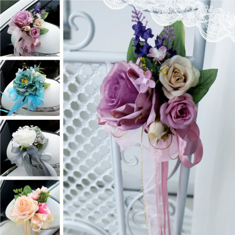 

Silk Flower Butterfly Wedding Car Embellishment Decoration Rearview Mirror & Door Handle Adornments for Ceremony Car Decor
