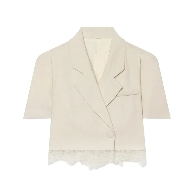 HXAO Kurze Jacke Spitzen-Blazer Damen Bürokleidung Kurzarm-Blazer Damen Sommer Knopfleiste Lässiger Pendler-Blazer Damenanzug – Detail 5
