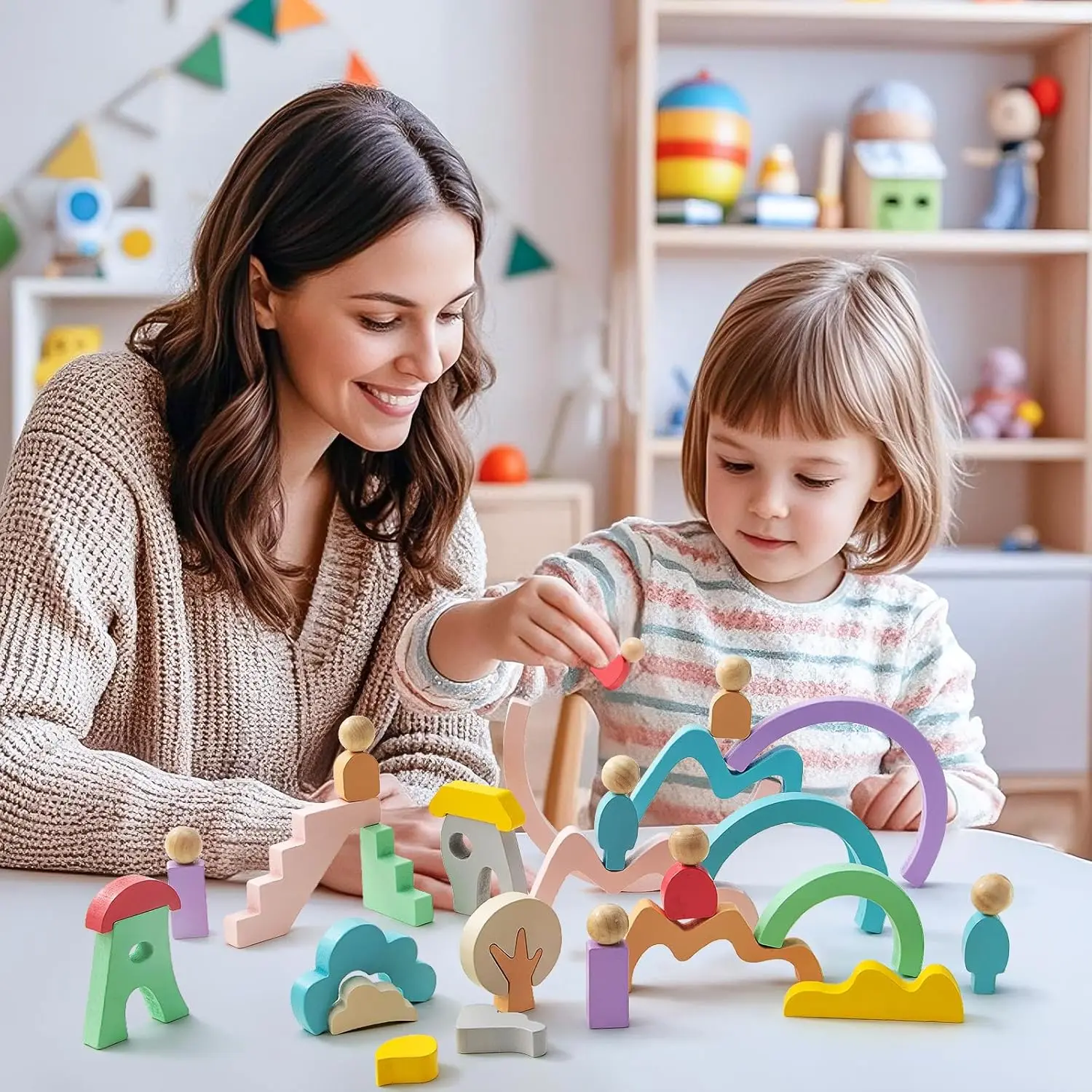 Wooden Building Blocks for Toddlers, 46 Pcs Montessori Stacking Toys with Rainbow/Little People/Tree/House/Mountain, Learning To