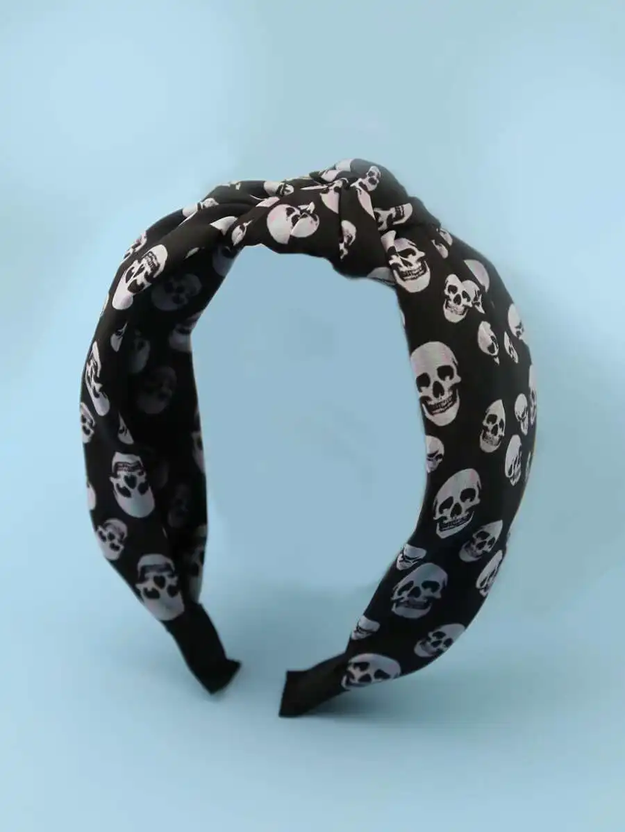 

Skull Patterned Black Twisted Fabric Headband For Casual Wear, Festive Outfits, And Halloween Costume Accessory