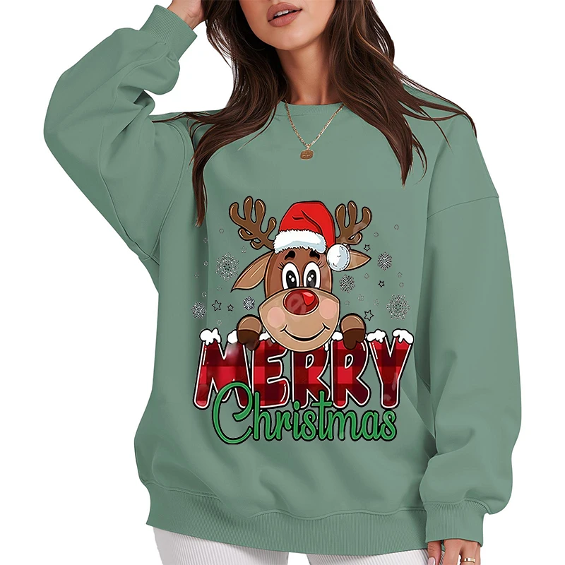 Damen-Kapuzenpullover, festliches Weihnachts-Sweatshirt mit Rentier- und Karomuster, lässig, locker, langärmelig, Rundhals-Sweatshirt für den Winter