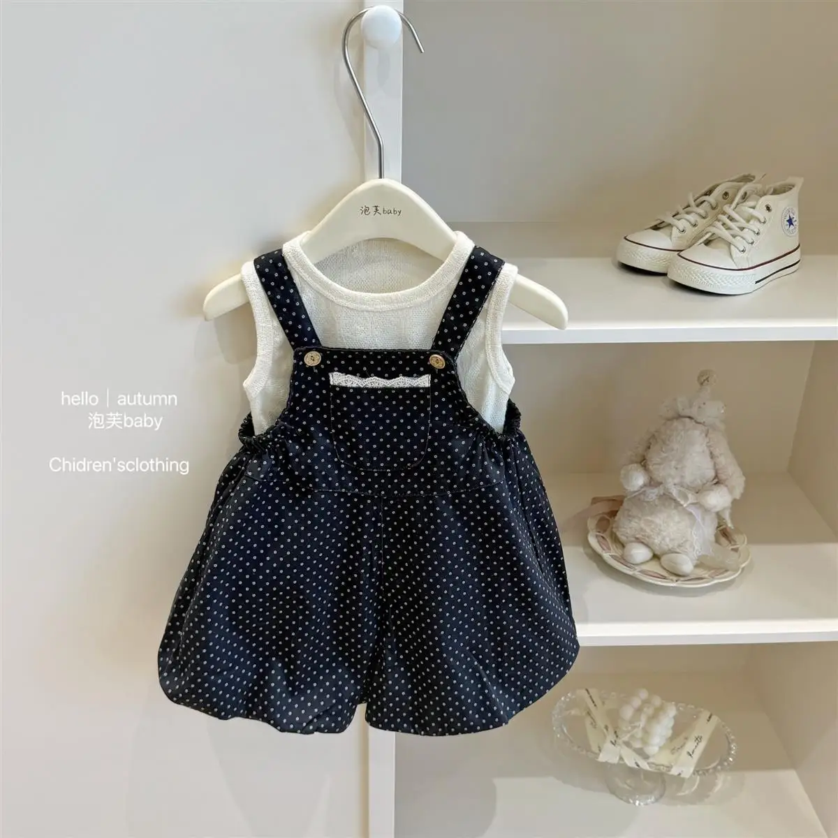 

Girls' overalls set summer outfit new children's vest polka dot casual pants two-piece set trendy