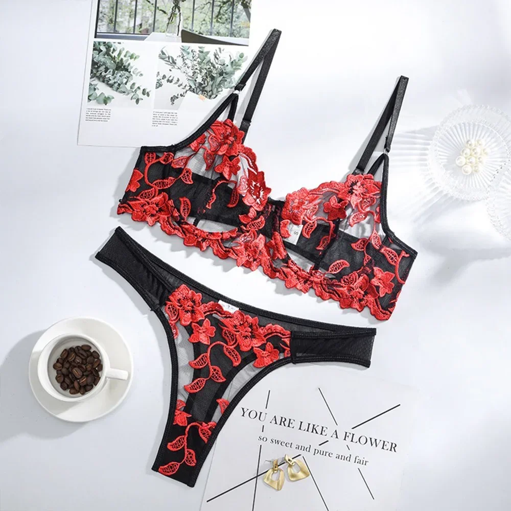 Erotische BHs Sexy Damenbekleidung Dessous Slip Sets 2 Stücke Perspektive Blumenstickerei Push Up Unterwäsche Dessous Valentinstag