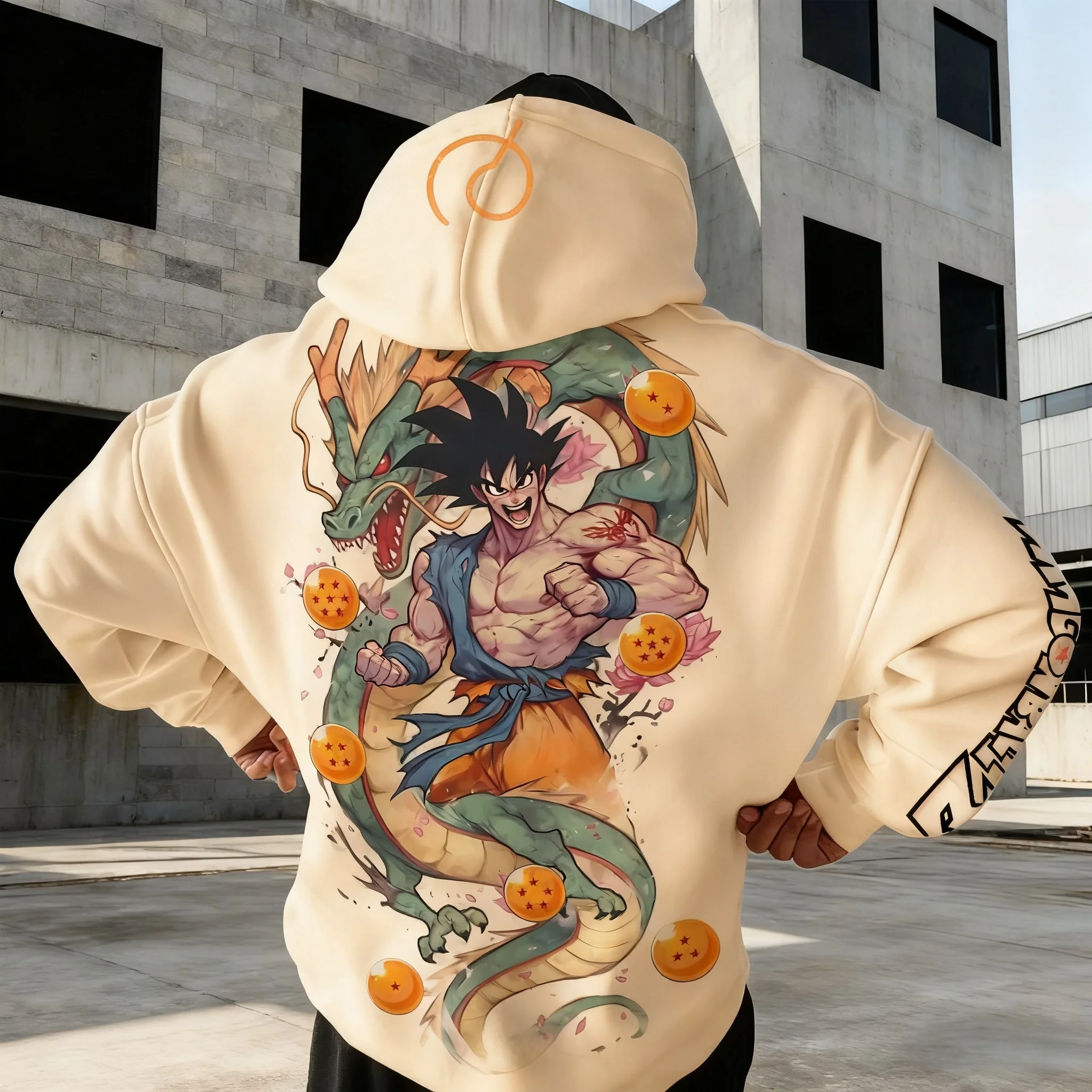 Dragon Ball Anime Goku Conjunto de moletom com capuz cáqui Shenron Verde Dragão Estampado Laranja Dragon Balls Design Moletom de algodão Manga Kanji
