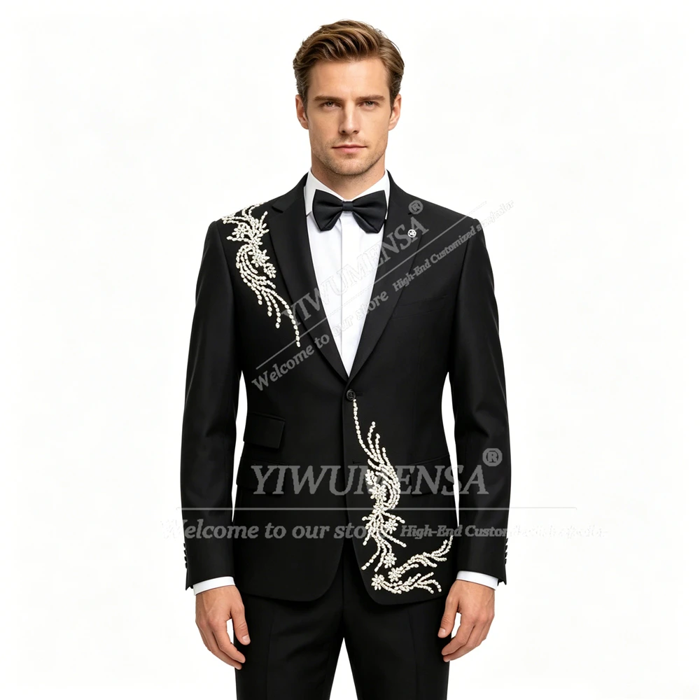 

Brilliant Beaded Stones Suit Men For Wedding Single Breasted Jacket Pants 2 Piece Sets Groom Formal Party Tuxedos Customized