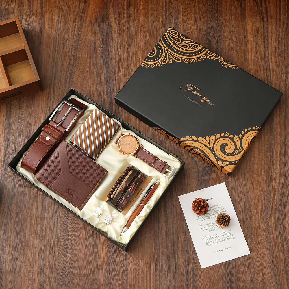 New Men Gift Set with Box Watch Bracelet Tie Cufflinks Ballpoint Pen Belt and Wallet Set for Men Boyfriend Son Dad Husband Gifts