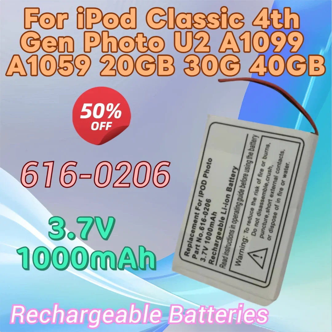 

High Quality Battery 616-0206 3.7V 1000mAh for IPod Classic 4th Gen Photo U2 A1099 A1059 20GB 30G 40GB