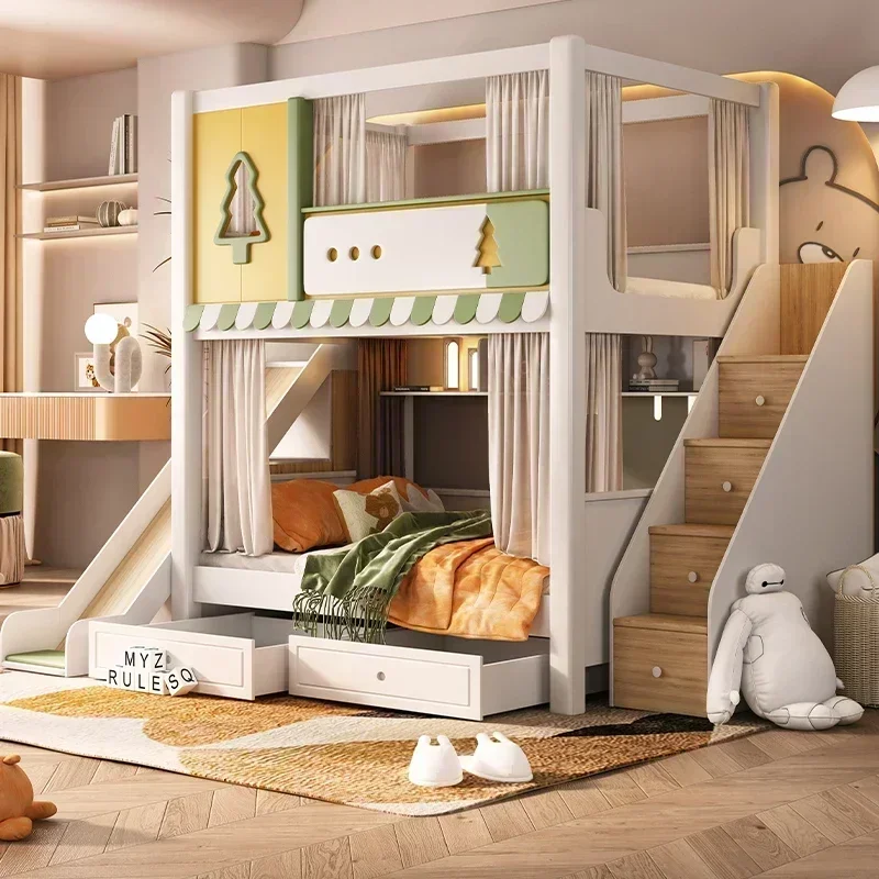 

High guardrail bunk beds, tree house structure with slide