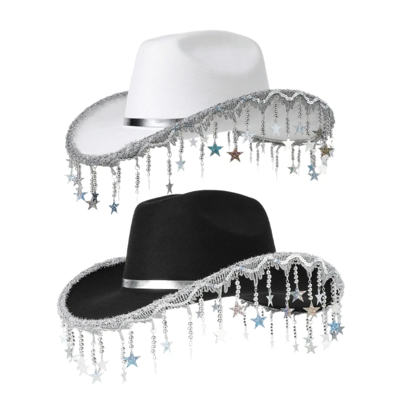 50JB Shimmering Cowboy Hats with Sequins Star Fringe for Proms Banquets Party Plain Color Cowboy Hats for Adult Taking Photo