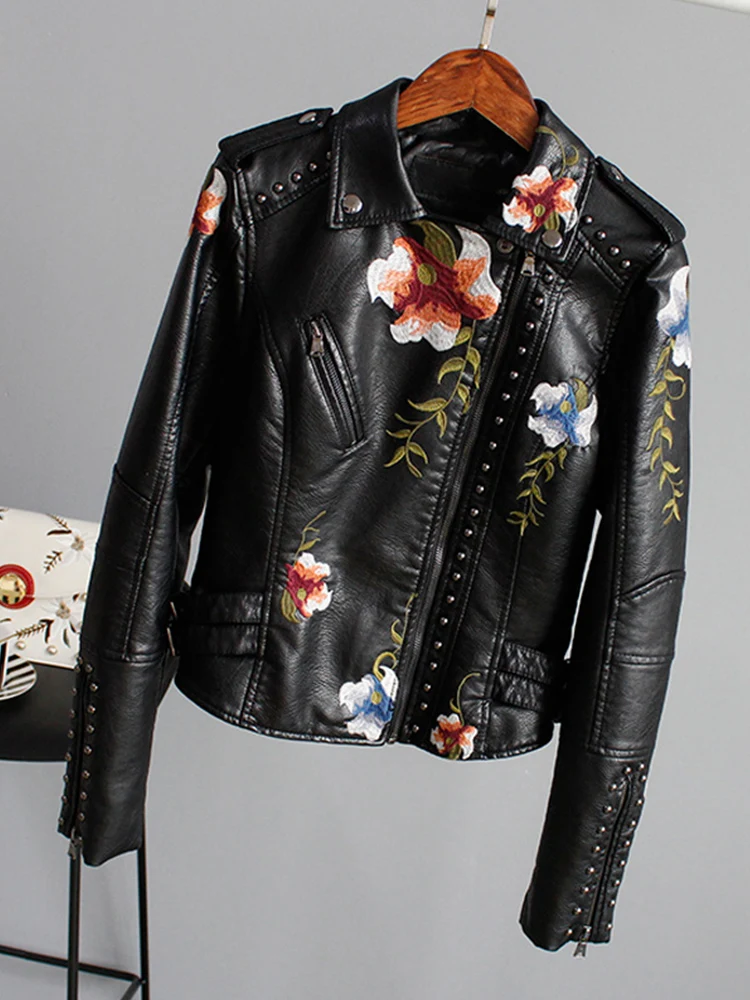 Jaqueta punk preta feminina, estampa floral, bordada, falsa, couro macio, motocicleta, PU